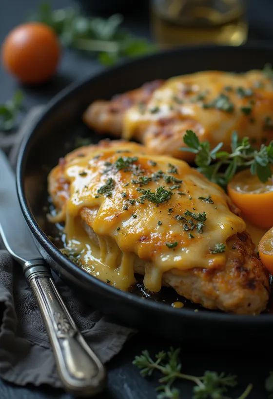 Peito de frango com queijo gratinado servido