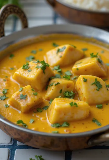 Curry de peixe de Kerala com porco, servido em base rica de leite de coco