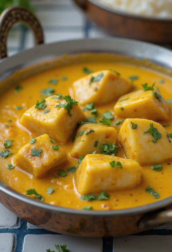 Curry de peixe de Kerala com porco, servido em base rica de leite de coco
