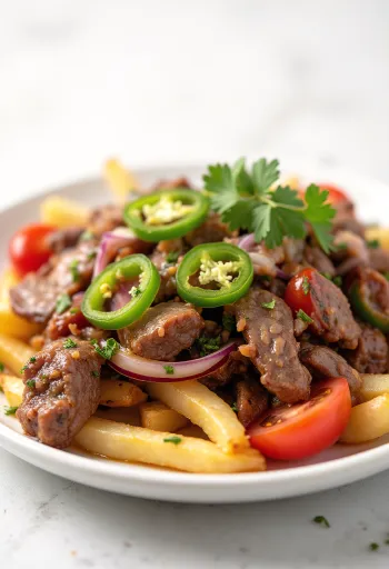 Lomo saltado com jalapeño, carne bovina condimentada com legumes, jalapeño e batatas