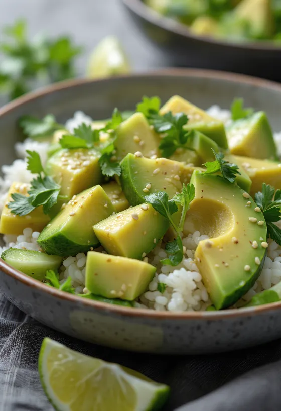 Poke com abacate, vegetais frescos e cama de arroz, decorado com coentro e limão.