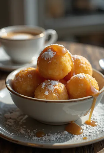 Zeppole com creme de caramelo, decorado com massa frita fresca e doce