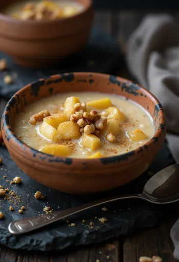 Kheer de maçã e nozes, arroz doce decorado com nozes e cardamomo