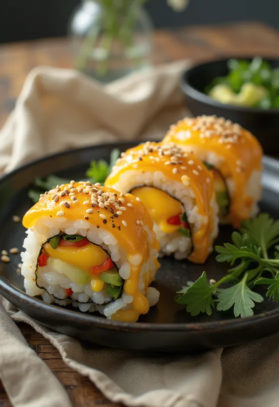 Cheese Gimbap, com legumes frescos e queijo, rolinho coreano servido