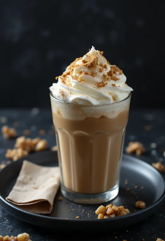 Frappuccino de canela e nozes decorado com chantilly e nozes moídas