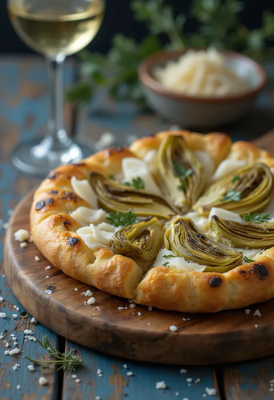 Focaccia servida com alcachofra grelhada e parmesão