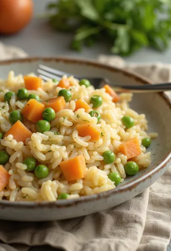 Risoto de legumes prebiótico servido com arroz integral, cenoura, abobrinha e ervilha