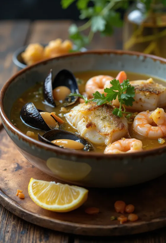Psarosoupa com mexilhões e camarões, sopa de peixe rica servida com azeite e limão