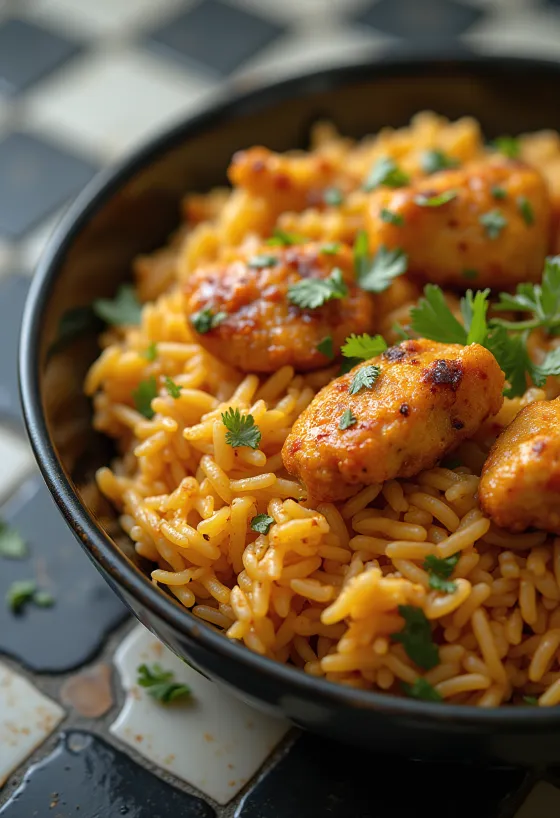 Frango tandoori servido com arroz basmati, decorado com coentro fresco