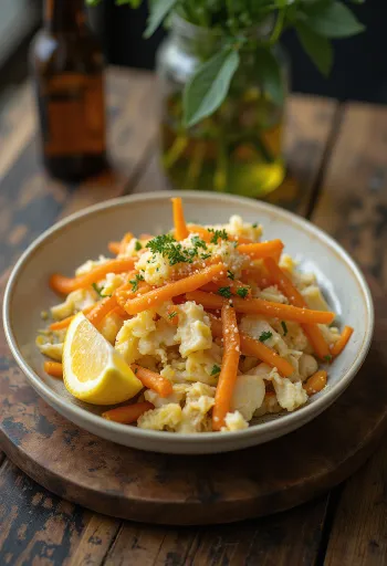 Bacalhau à Brás servido com batata doce e salsa