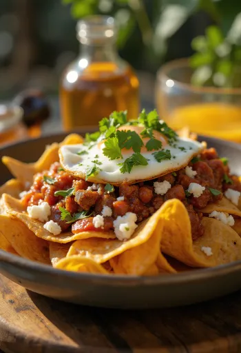 Chilaquiles com chorizo, servido com tortilha crocante e coentro fresco