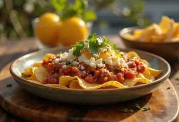 Chilaquiles com chorizo, servido com tortilha crocante e coentro fresco