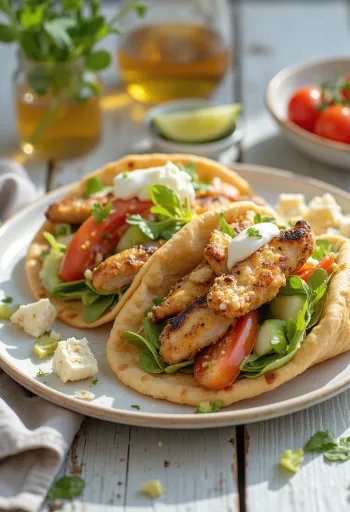 Gyros de alho com frango assado, vegetais frescos e molho tzatziki de alho
