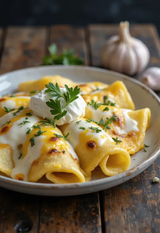 Panqueca de alho com creme de leite recém-saída do forno