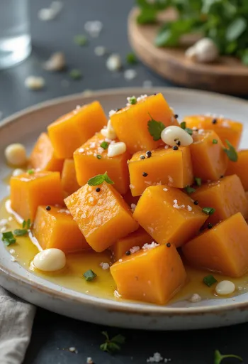 Batata doce cozida com azeite de oliva, decorada com salsinha fresca