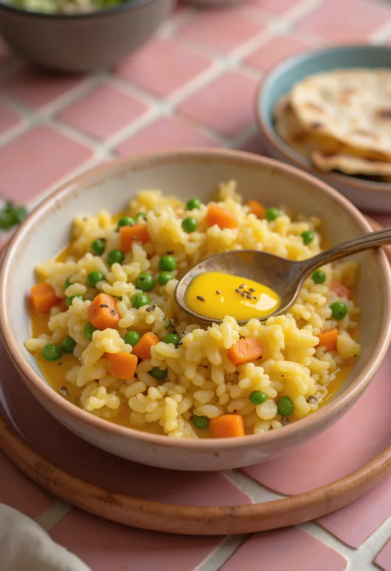 Mistura de arroz, lentilha e vegetais cozidos até a maciez