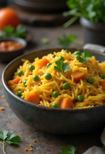 Machboos com legumes, prato condimentado e apetitoso servido com legumes frescos e arroz