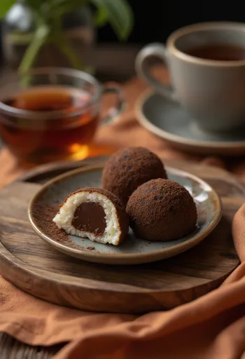 Mochi recheado com chocolate, envolto em cacau em pó, delicioso doce japonês