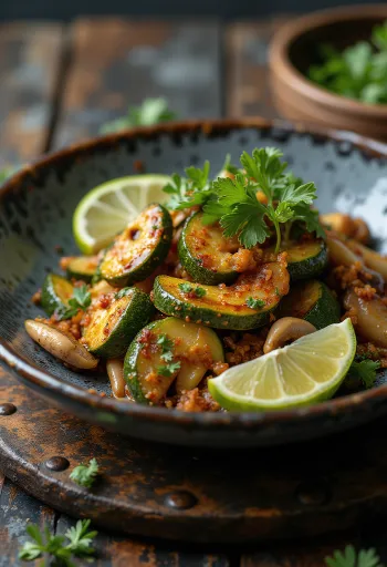 Vegetais preparados com tempero togarashi, servidos com coentro