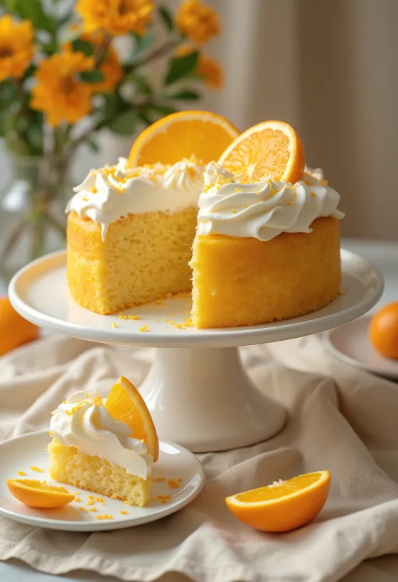 Torta de baunilha com laranja decorada com fatias de laranja