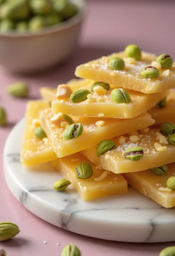 Chikki de pistache em caramelo, cortado em pedaços e servido.