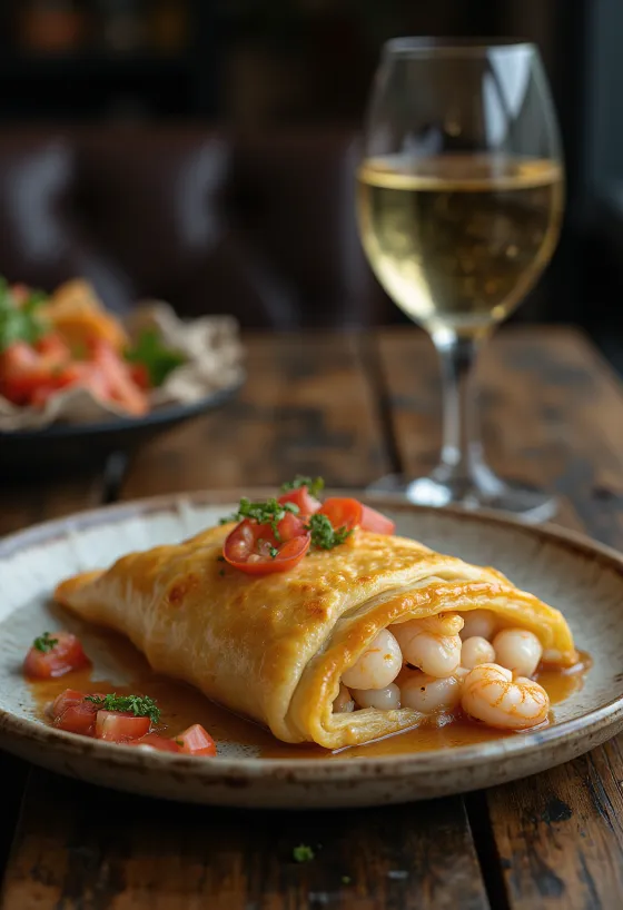 Empanada Chilena de Frutos do Mar, recheada com frutos do mar, massa dourada