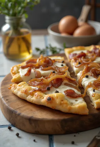 Flammkuchen com creme de leite, cebola e bacon