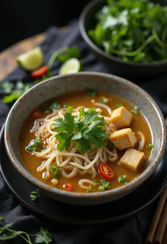 Pho vegano em tigela com tofu, macarrão de arroz e coentro