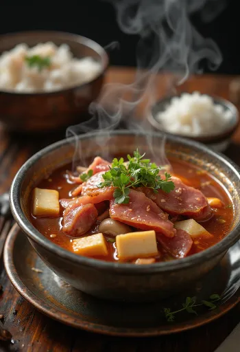 Sundae Jeongol Guk, servido com tofu, cogumelos e sundae