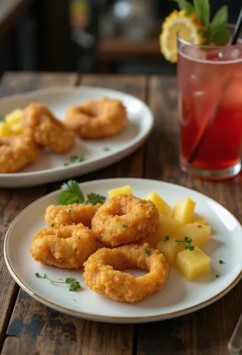 Acarajé com abacaxi, bolinhos de feijão temperados e abacaxi fresco