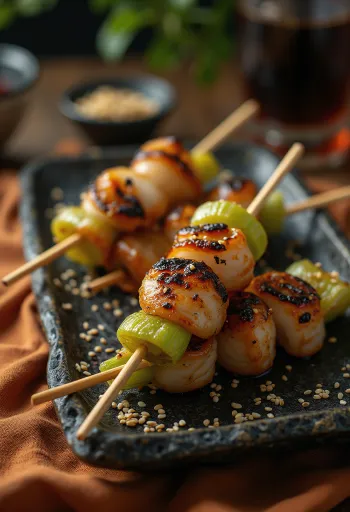 Yakitori Ikada de alho-poró, frutos do mar e molho de soja