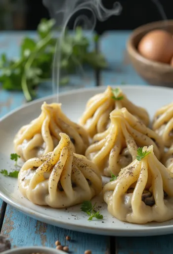 Khinkali vegano, com recheio de vegetais e massa bem moldada