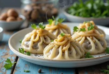Khinkali vegano, com recheio de vegetais e massa bem moldada