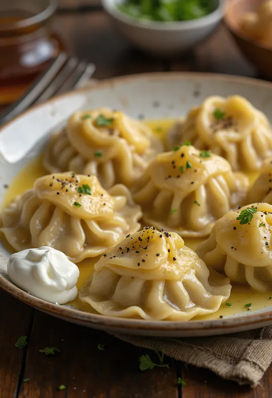 Pelmeni russo de carne bovina servido com creme de leite