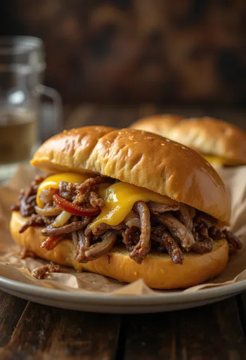 Sanduíche Philly Cheesesteak com carne e queijo derretido