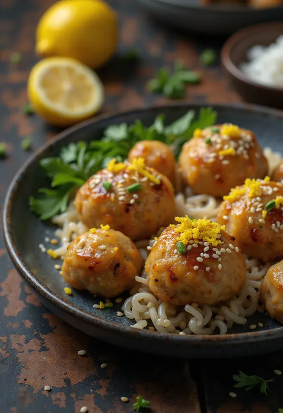Tsukune com raspas de limão, petiscos de frango grelhados, servidos com raspas de limão e molho de soja.