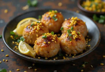 Tsukune com raspas de limão, petiscos de frango grelhados, servidos com raspas de limão e molho de soja.