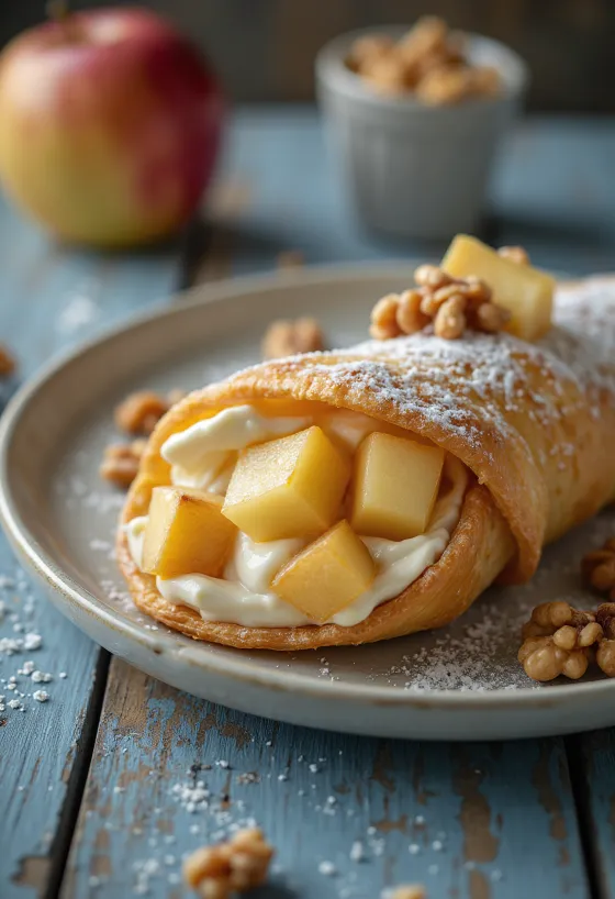 Sobremesa cannoli de maçã e nozes servida