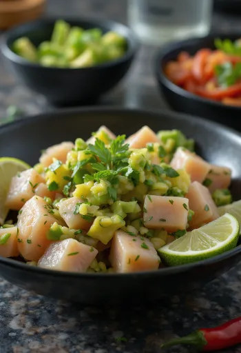 Ceviche com Abacate servido com suco de limão