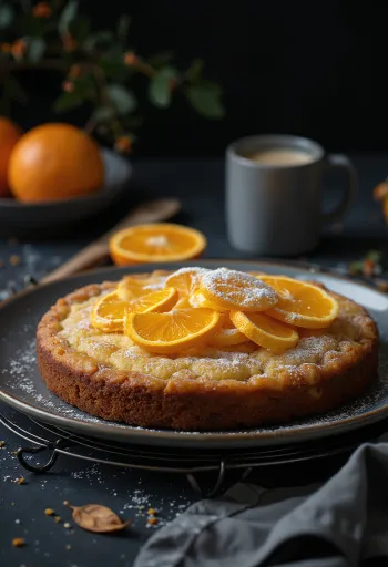 Bolo de laranja com especiarias servido com açúcar de confeiteiro e raspas de laranja