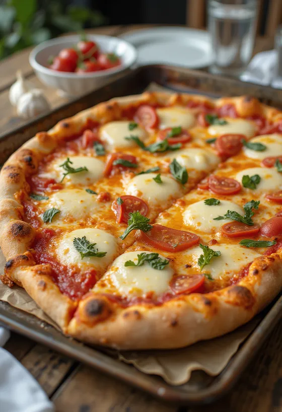Grandma pizza com massa retangular e queijo
