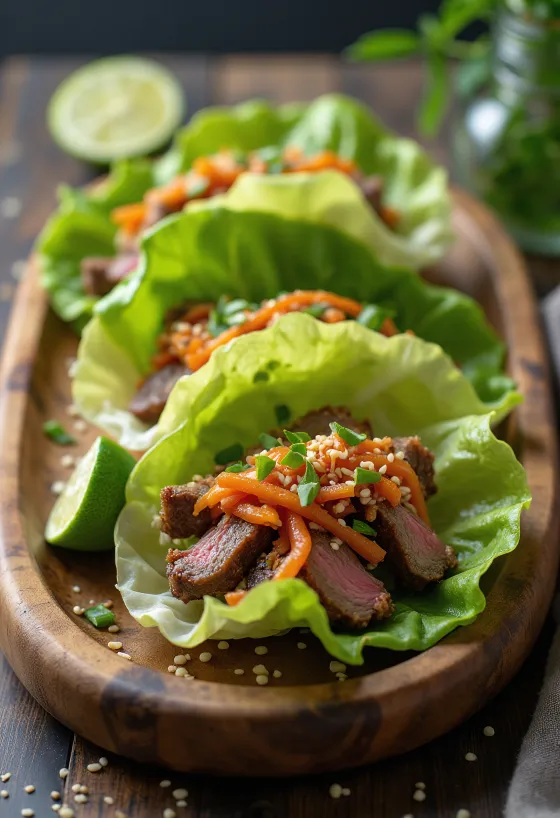 Trouxinhas de alface recheadas com carne, kimchi e arroz