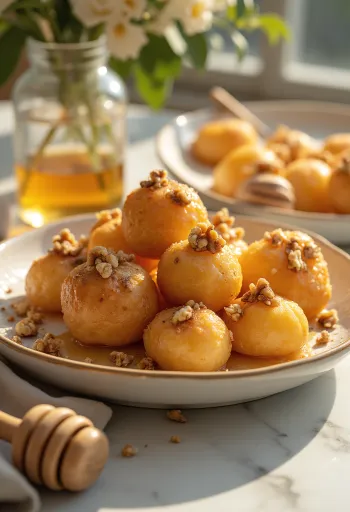 Loukoumades clássico com mel, bolinho dourado com mel e açúcar de baunilha