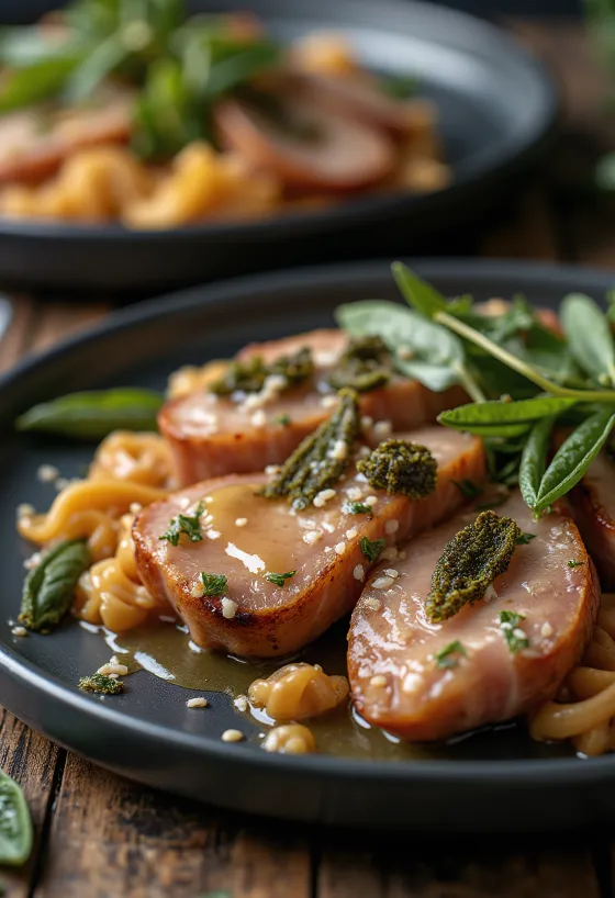 Saltimbocca de filé mignon suíno com sálvia, presunto cru e molho de vinho branco