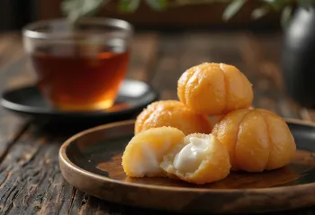 Bolinhos Sata Andagi dourados e rachados em um prato