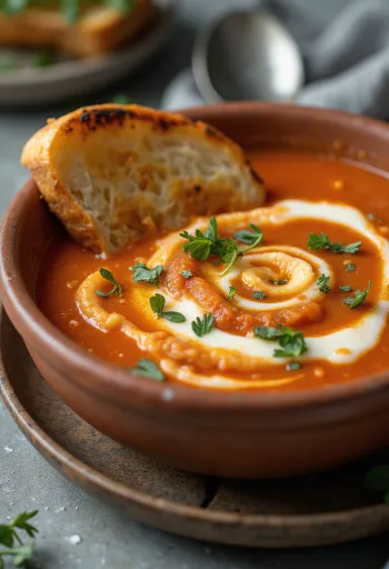 Sopa cremosa de tomate com manjericão servida
