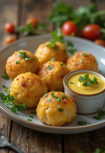 Acarajé com molho de mostarda, bolinhos de feijão fradinho decorados com molho de mostarda e coentro