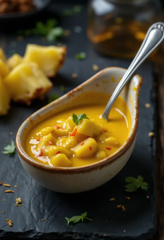 Molho de curry com abacaxi servido em uma tigela
