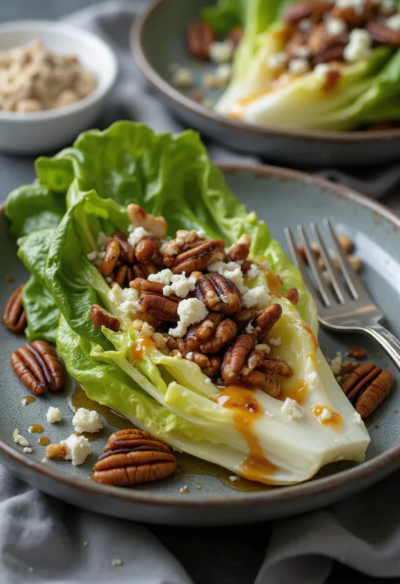 Salada de alface romana grelhada com pecã servida