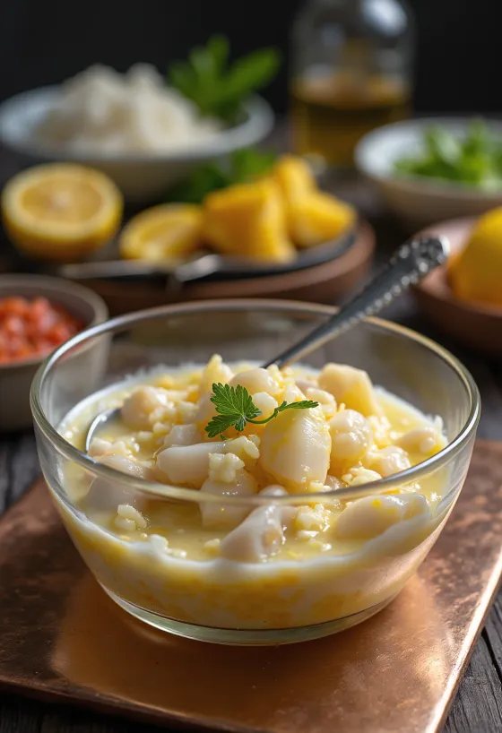 Ceviche com Leite de Tigre servido com suco de limão e abacate